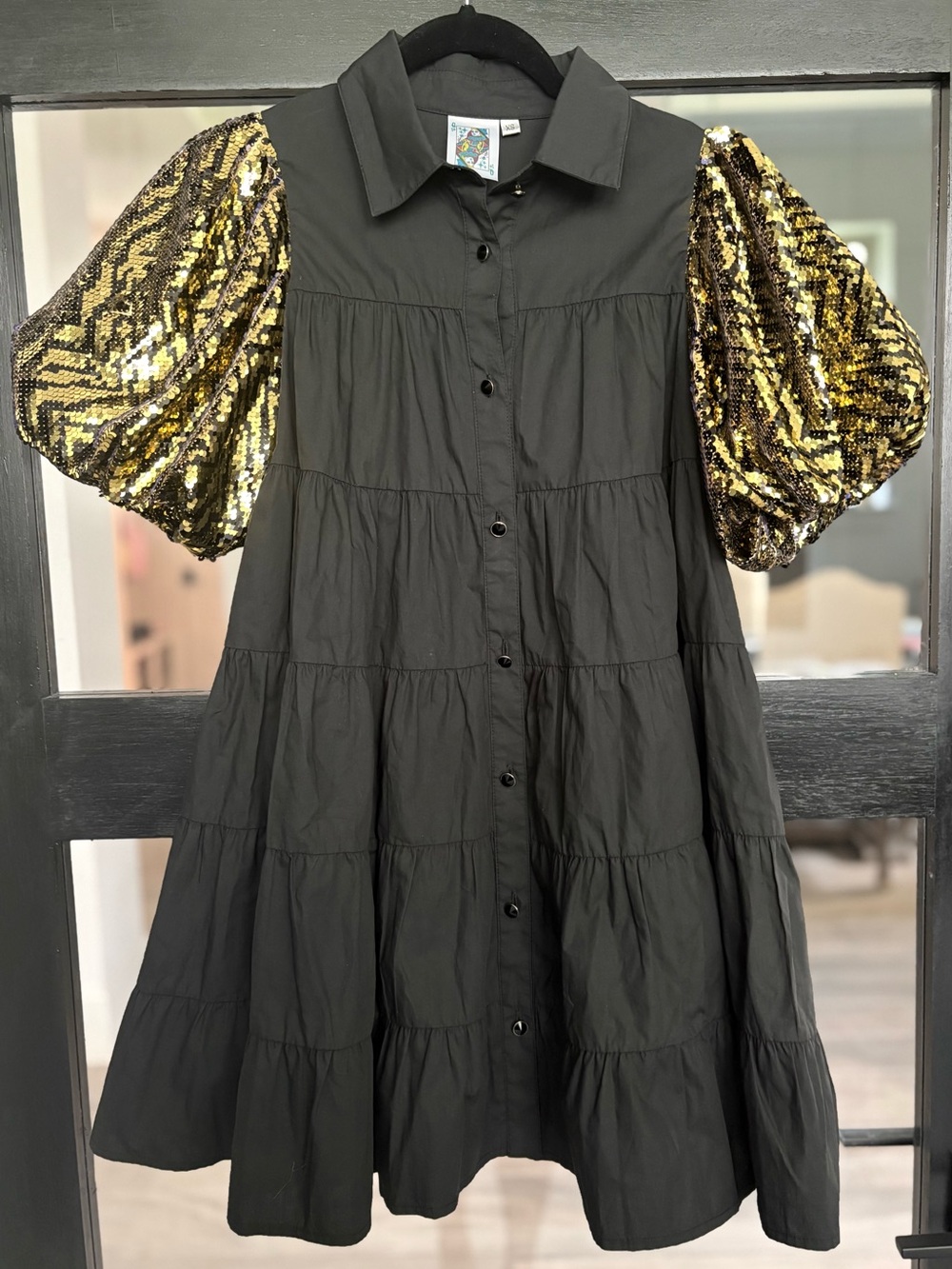 QUEEN OF SPARKLES - LSU Mardi Gras Reversible Sequin Sleeve Tiered Dress - XS